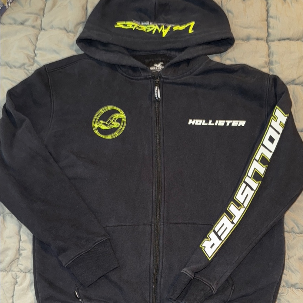 Hollister Black Hoodie with Neon Accents Mens Medium
